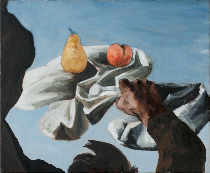 Martin Bruneau - Fragments : Mains et fruits fond bleu, 2014, huile sur toile, 60 x 73 cm. © Galerie Isabelle Gounod